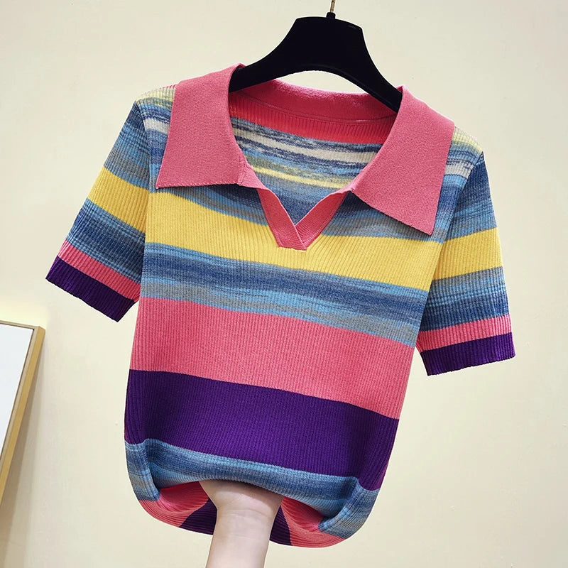Summer Korean Knitted Tshirt Sweater For Women Rainbow Striped Stylish Fashion Loose Tops Shirt Short Sleeve Knitwear 2023