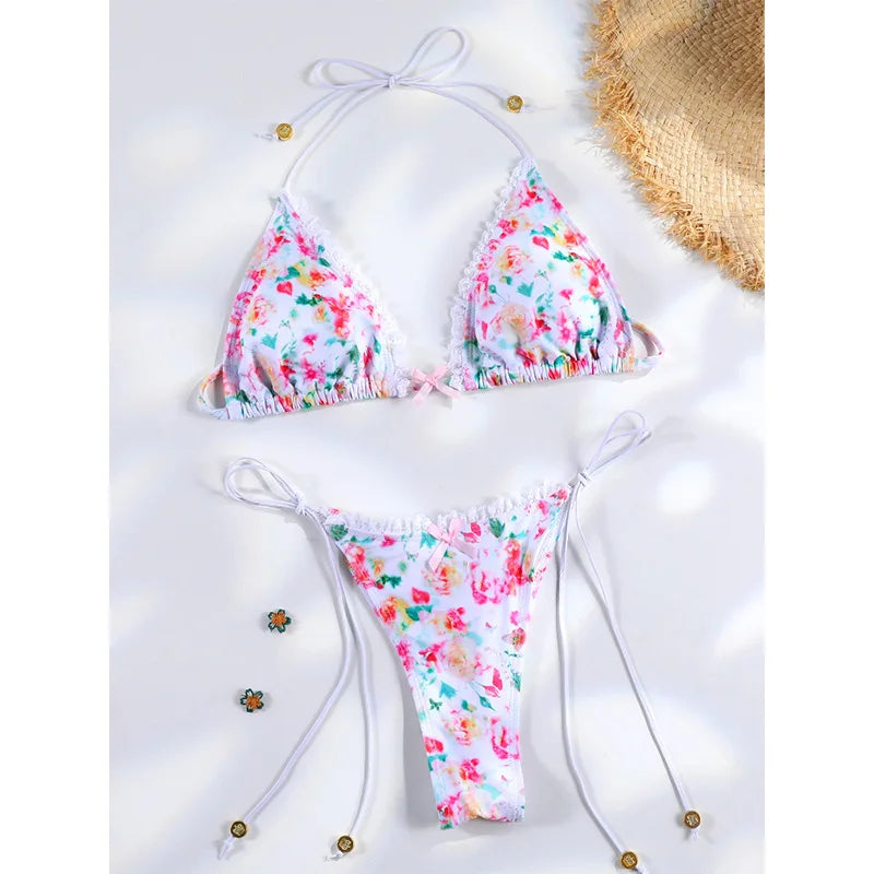Plaid Print Bikinis Bow Swimwear Women Swimsuit Triangle Bikini Set Bandage Bath Suit Low Waist Thong Beachwear New Biquini