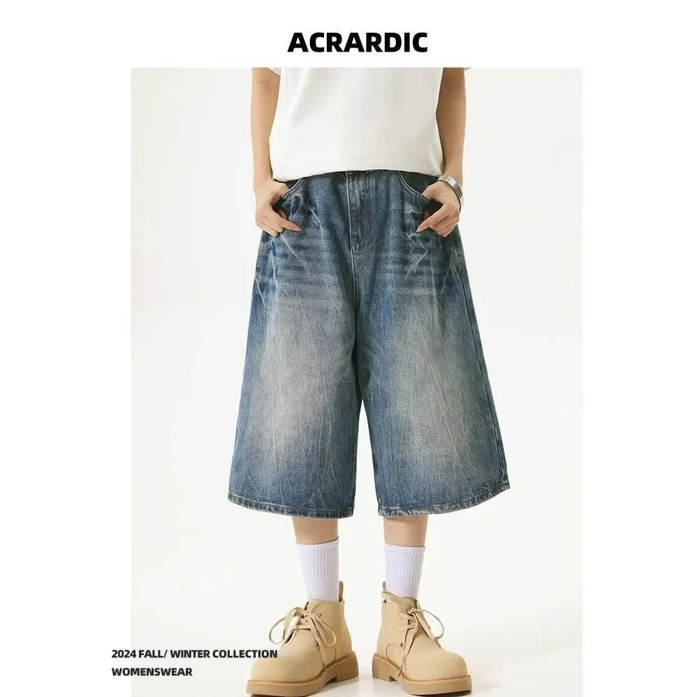 American High Street Lightning Jeans Men's Straight Leg Wide Leg Hip Hop Cool Retro American Seven-Foot Blue Shorts