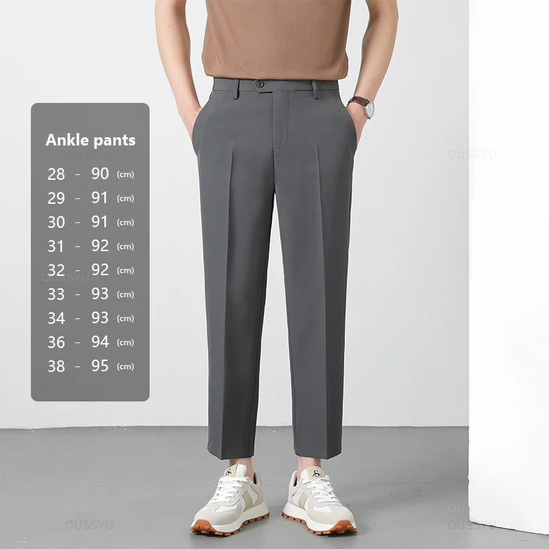 Spring Summer Suit Pants Men Business Smooth Slim Business Office Social Elastic Waist Ankle Length Formal Korean Trousers Male