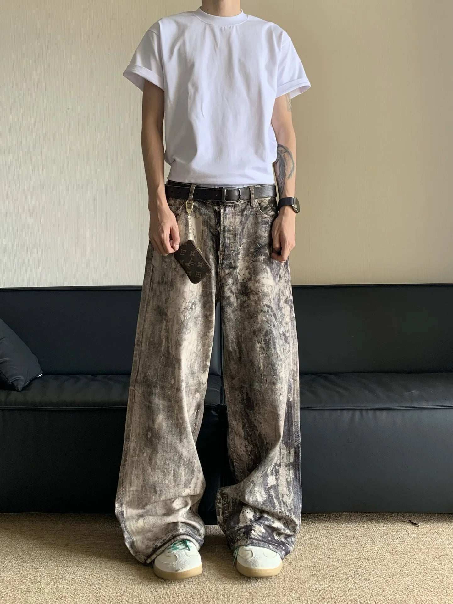 Jeans Men Floor Length Pant Denim Pants Camouflage Print Loose Casual Straight Trousers Pocket Splice Autumn Winter 2024