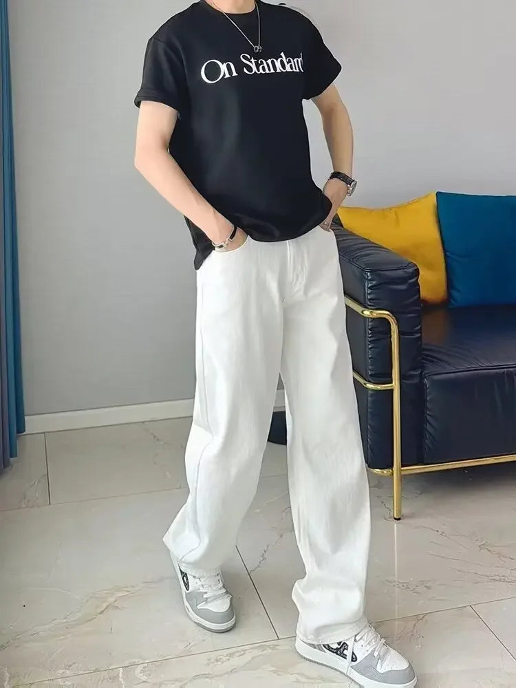 Hong Kong Style White Jeans For Men Casual Loose Fit Trendy Brand Vibe High Street Straight Leg Pants Autumn Season