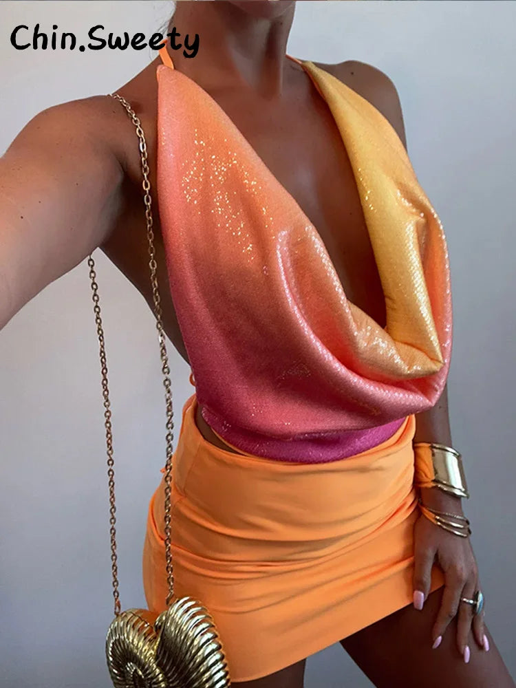 Sexy Sequined Halter Skirt Set Women Sleeveless Lace Up Tops Hip Package A-line Skirts 2025 Summer Lady Chic Party Beach Outfits