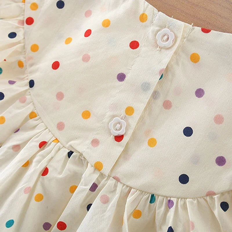 Girls Summer New Short sleeved Dress with Flower Embroidery Colorful Dot Doll Princess Neck Dress 0-3 Years Old