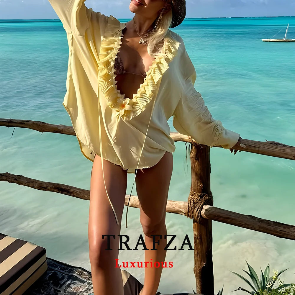 TRAFZA Vintage Chic Yellow Tie Up Women Blouse V-Neck Ruffles Long Sleeve Lace-up Bow Shirts Fashion 2025 Spring Summer Blouses