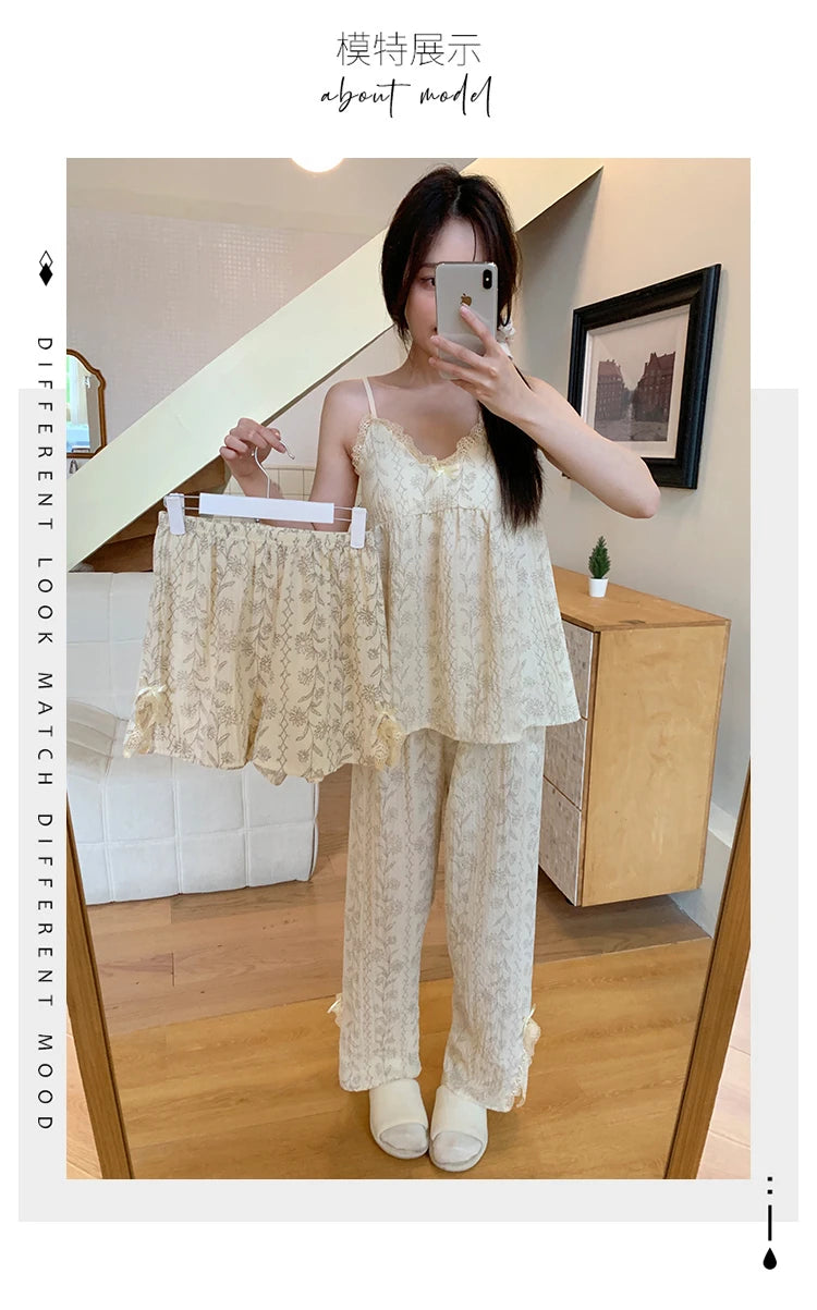 3PCS/Set Women Summer V-neck Pajamas Suspender Sleeveless Shorts Pants Ladies Vintage Fragmentary Homewear Breathable Clothes
