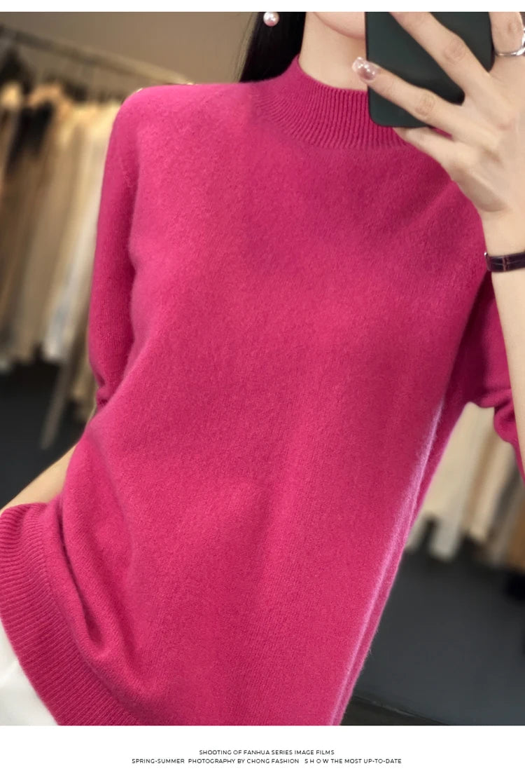 100% pure wool short sleeve summer new women's semi-high neck pullover blouse loose knit vest fashion T-shirt