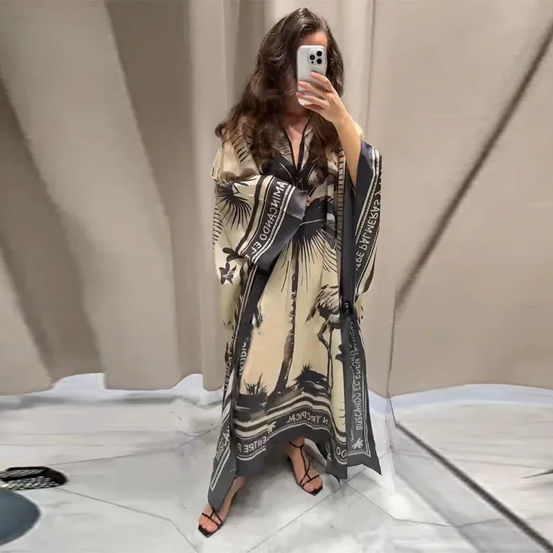 Fashion Print Pleated Long Dresses Women Party O-neck Full Sleeve Female Holiday Dresses 2025 Summer Lady Elegant Robes