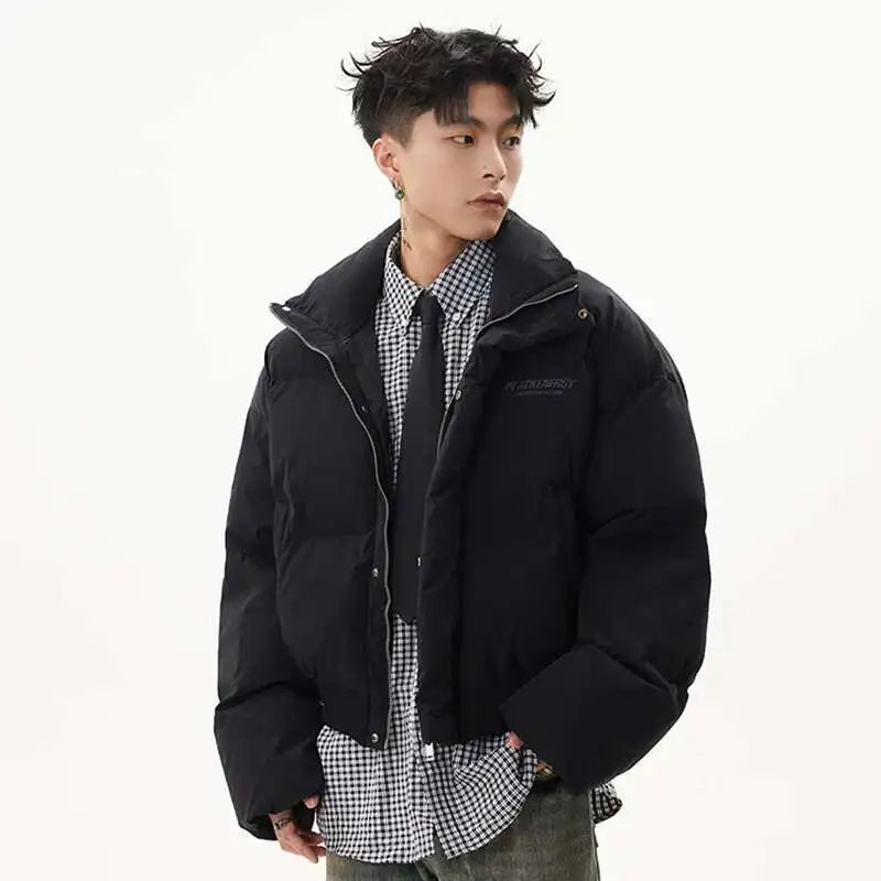 PFNW American Simple Stand Collar Short Cotton-padded Coat Men's Black Loose Zipper Quilted Padded Jacket Winter Clothes CPG2211