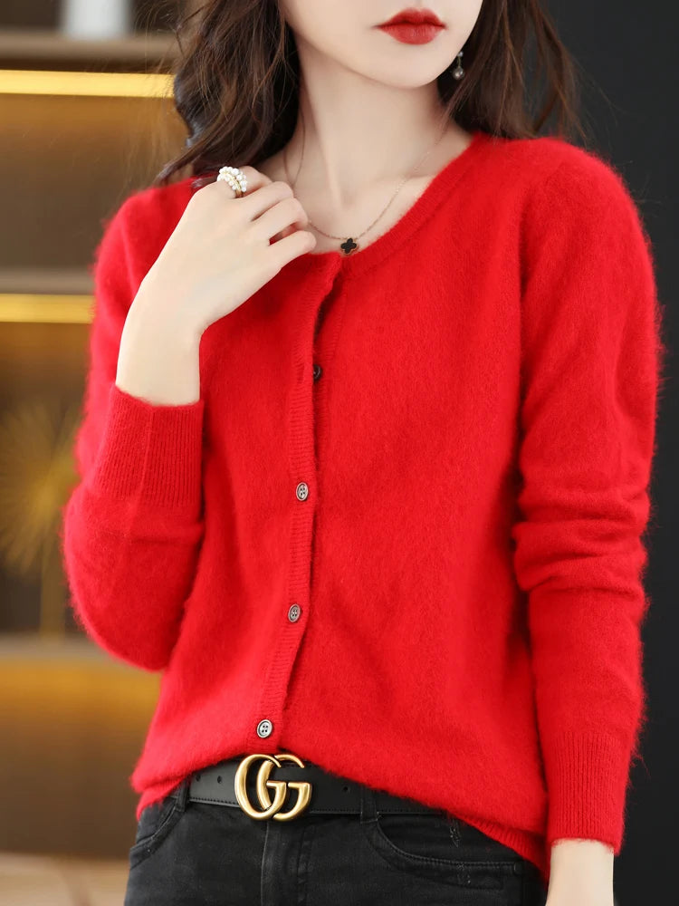 LHZSYY Women Cardigan Super Warm Pure Mink Cashmere Sweaters O-neck Loose Female Sweater Ladies' Solid Color Knit Cardigans