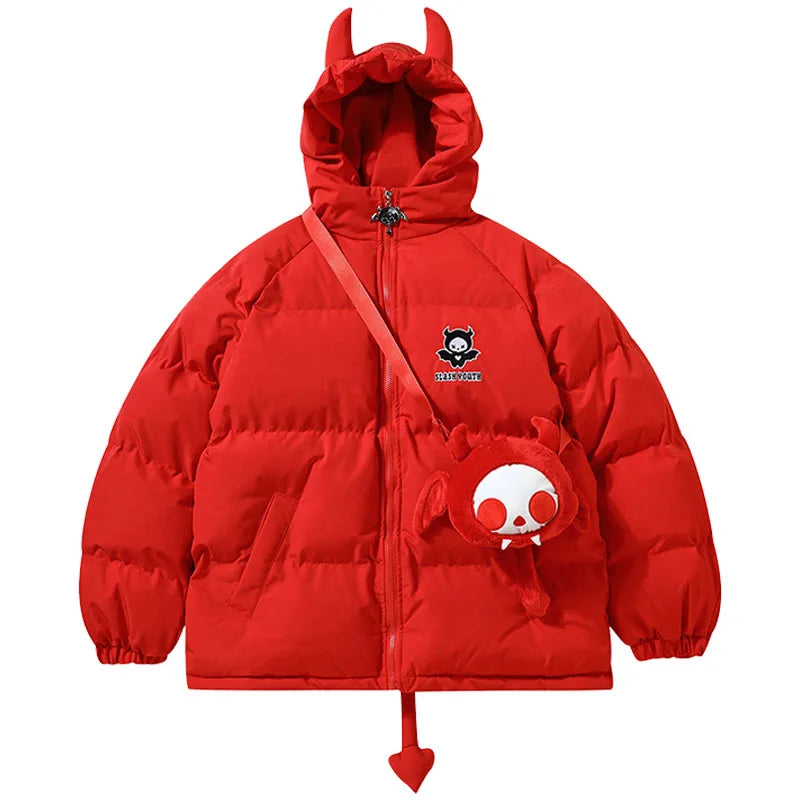 Cotton-Padded Hip Hop Parkas Men Devil Horns Winter Hooded Down Jacket Retro Y2K Thicken Puffer High Street Loose Bubbles Coats