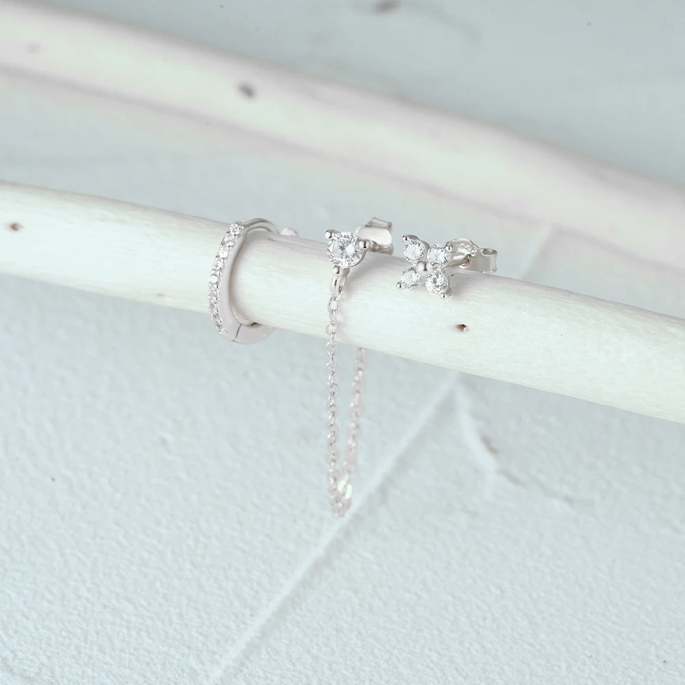 Aide 925 Sterling Silver 3pcs Set Two Stud Tassel K Gold Chain Flower Zircon Earrings For Women Fine Jewelry Valentine Day Gift