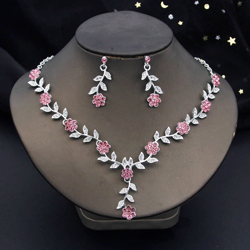 16 Colors Flower Jewelry Set Exquisite Rhinestone Pendant Party Women Fashion Romantic Choker Necklace Earring Accessory Set