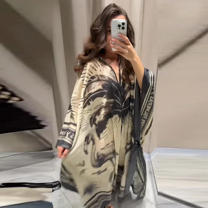 Fashion Print Pleated Long Dresses Women Party O-neck Full Sleeve Female Holiday Dresses 2025 Summer Lady Elegant Robes
