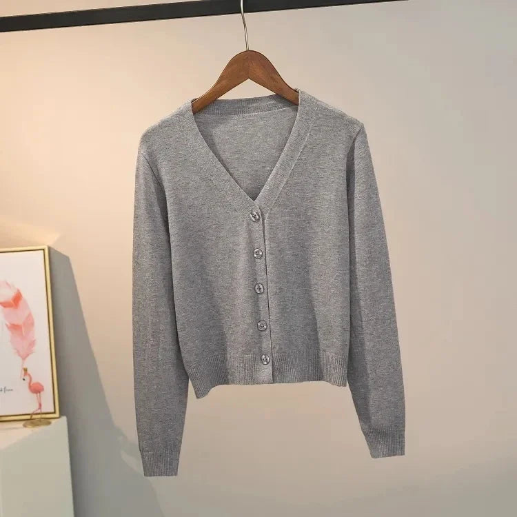 Sweater knitted cardigan button jacket 2024 autumn winter V-neck long sleeve casual short tops for women sweater Grey White