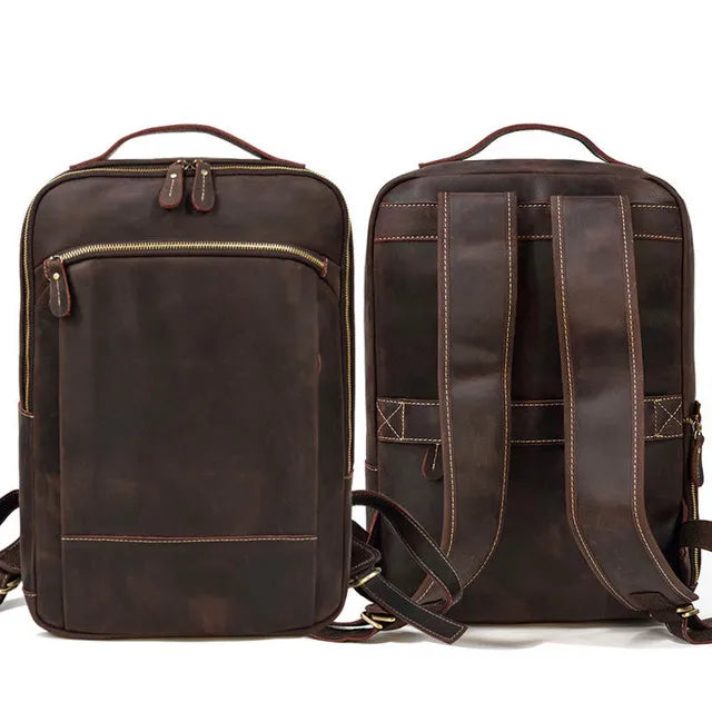 Vintage Travel Backpack leather double zipper bagpack male crazy horse leather backpack handmade leather travel bag men bag