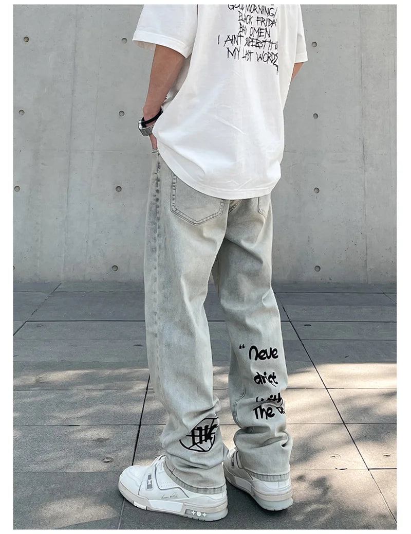 American Gothic Letter Men's Baggy Jeans Y2K Retro Harajuku Straight Denim Trousers Hip Hop Fashion Printed Jean Man Pants