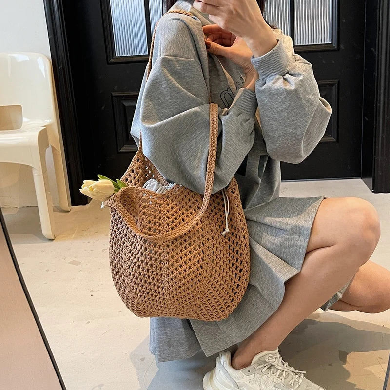 2025 Latest Summer Beach Straw Woven Tote Bag For Women 2-IN-1 Hollow-out Lightweight Large Capacity Shopper Shoulder Bag Female