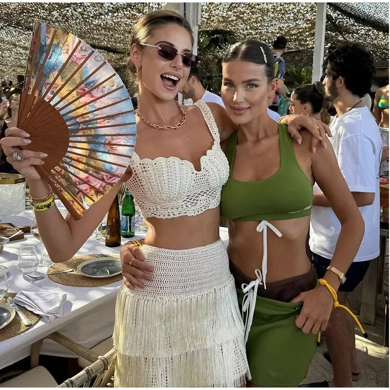 New Sexy Women's Hollow Knitted Camisole Vest Set High Waisted Fringe Solid Color Slim Fit Mini Skirt Suit Female Beach Outfit