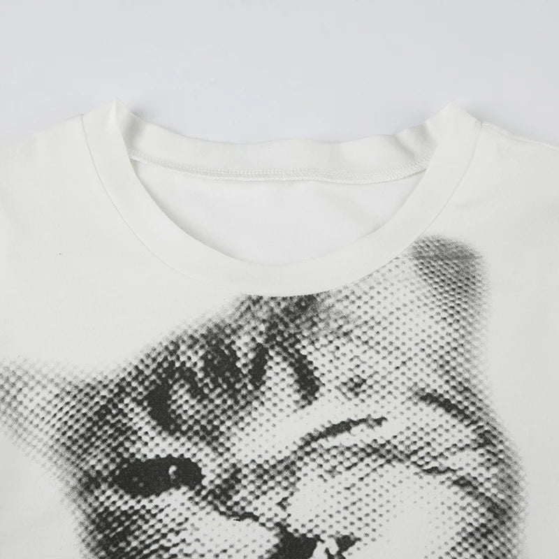 CIBBAR Harajuku Animal Print Crop Top Basic White Short Sleeve Crewneck T-shirt Women Casual Slim-fitting Tees Lady y2k Vintage