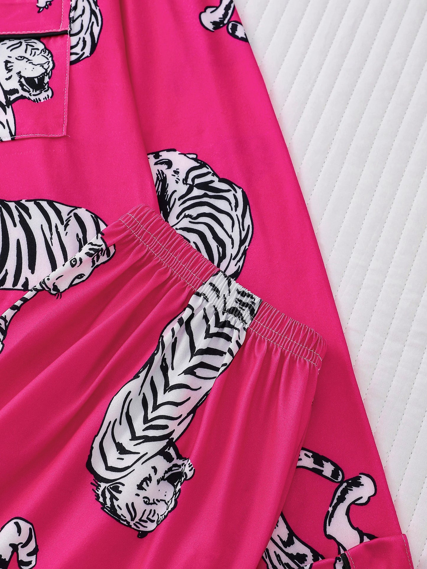 Animal tiger print pajama set for women casual button-down lapel long-sleeved top and loose trousers women's loungewear
