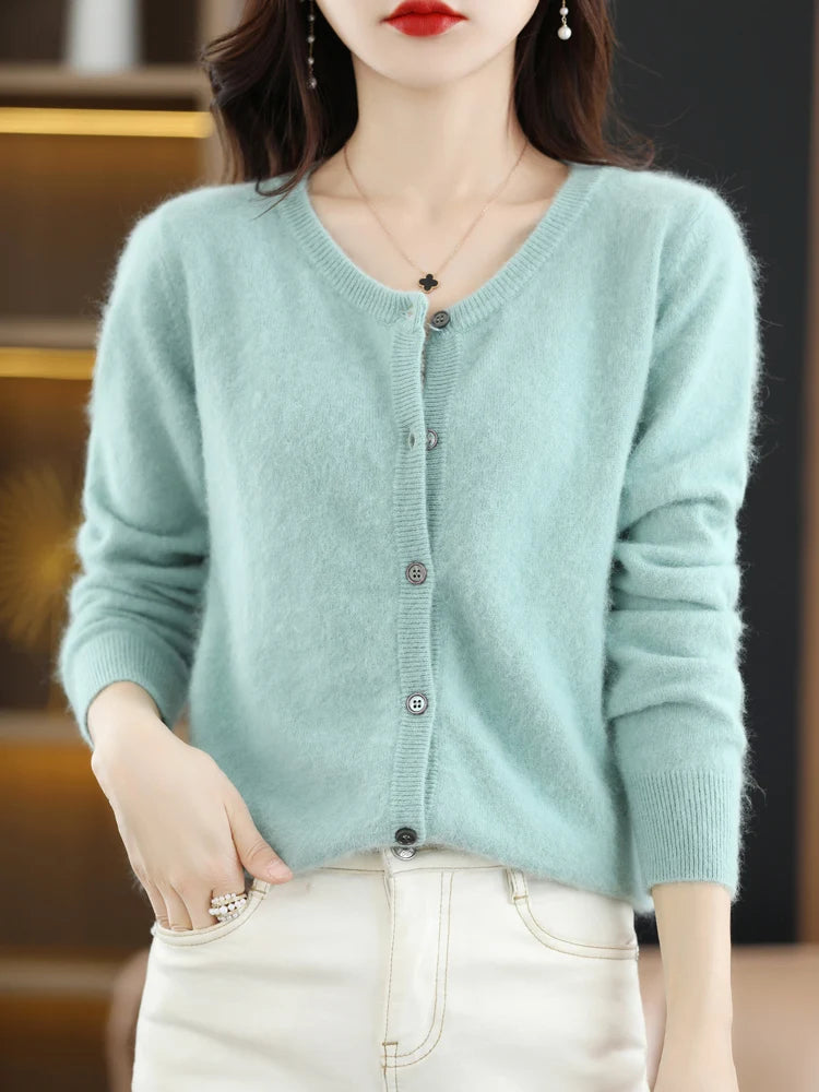 LHZSYY Women Cardigan Super Warm Pure Mink Cashmere Sweaters O-neck Loose Female Sweater Ladies' Solid Color Knit Cardigans
