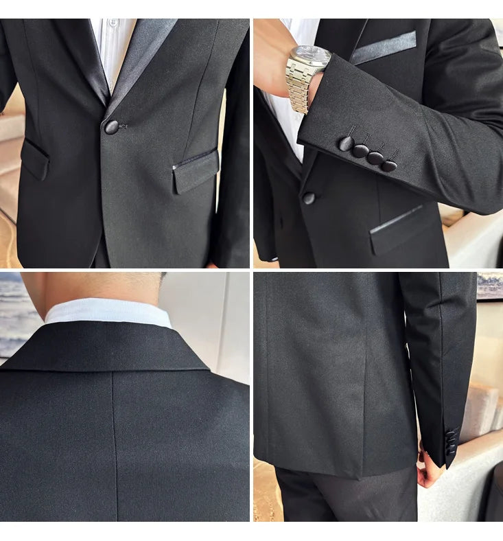 ( Jacket + Vest + Pants ) High-end Brand Boutique Fashion Men's Casual Business Black Smoking Suit Groom Wedding Dress Tuxedo