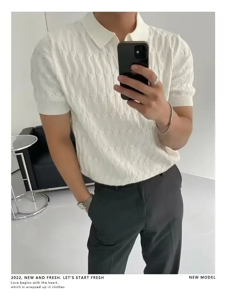 Summer New Light Maturity Knitted Polo Shirt Men's Korean Style Slim Fit Collar Pure Color Casual T-Shirt Cross-Border