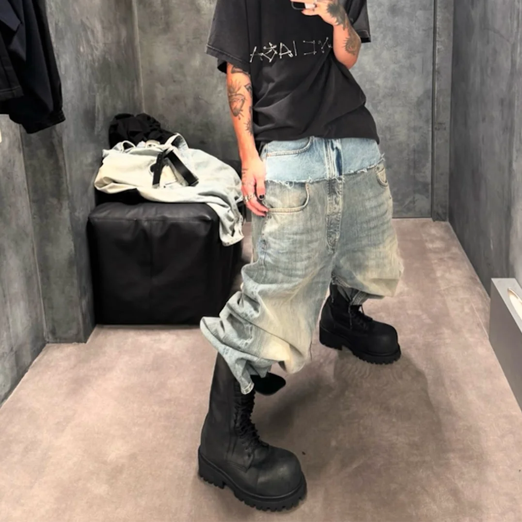 CUT-UP Double-layer Double Waist Patchwork Baggy Jeans for Men and Women Straight Casual Loose Denim Trousers Oversized
