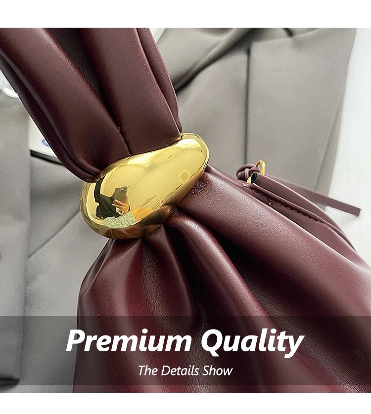 Solid Color PU Leather Handbag Pleated Cloud Shaped Women Bucket Bag, Fashionable Burgundy Women's Luxury Bag