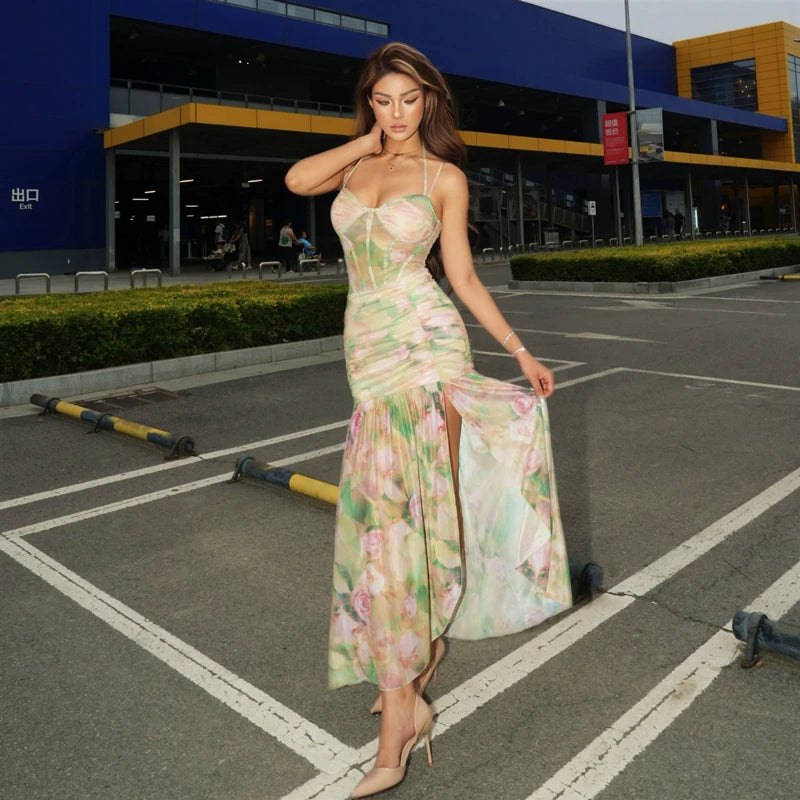 Candyhot Sexy High Waist Split Floral Print Bodycon Spaghetti Strap Dress Summer Fashion Party Vacation Beach New Women Vestidos