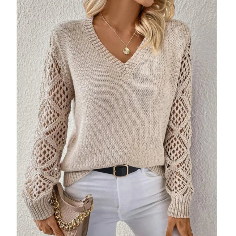 Autumn And Winter Fashion V-neck Pullover Sweater Elegant Women's Casual Hollow Long Sleeve Knitted Solid Color Loose Sweater