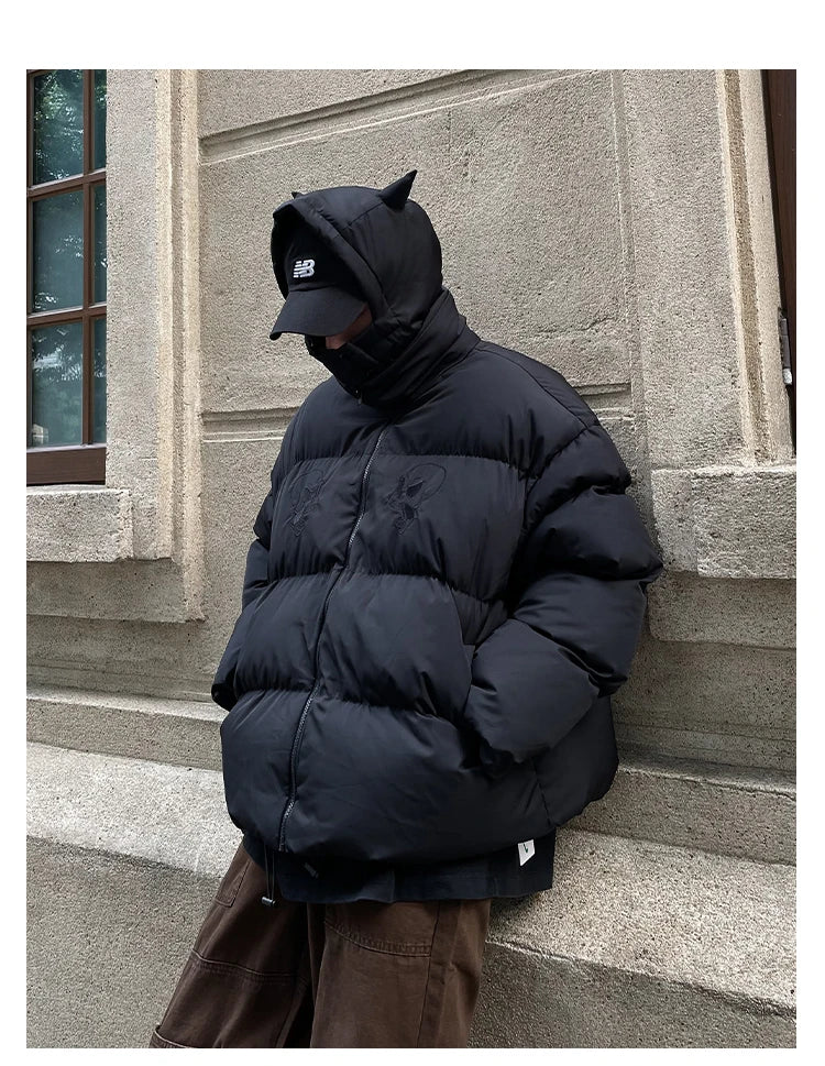 Cotton-Padded Hip Hop Parkas Men Devil Horns Winter Hooded Down Jacket Retro Y2K Thicken Puffer High Street Loose Bubbles Coats