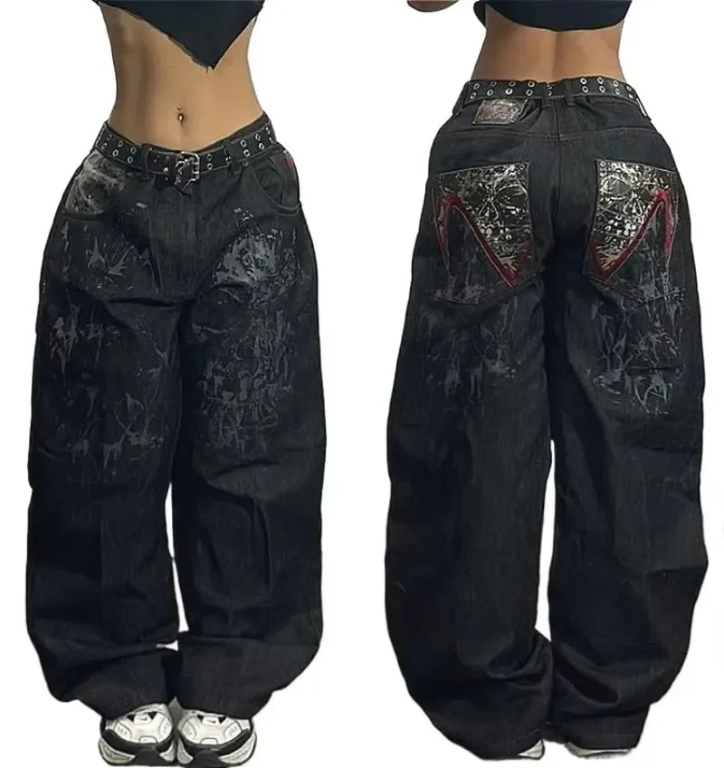 Y2K New American Retro Hip-Hop Cherry Blossom Dragon Print Loose Jeans For Men and Women Gothic Hip-Hop Casual Joker Street Wear