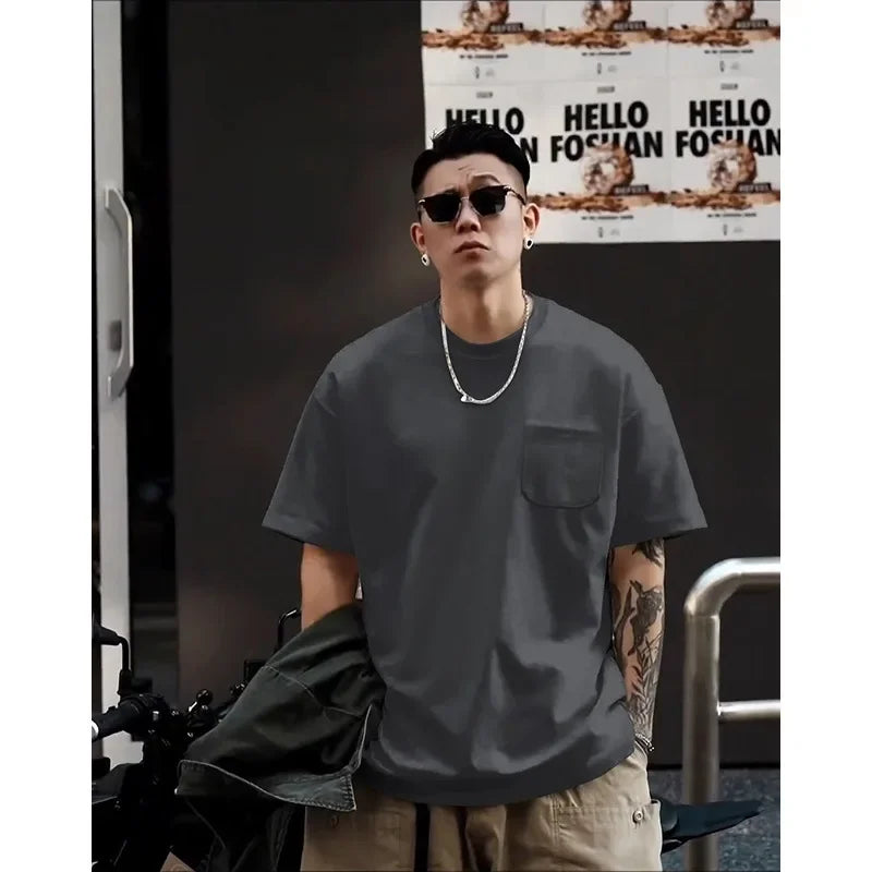 Heavyweight Pocket Short Sleeve T-Shirt Pure Cotton White Base Shirt Top for Men And Women Spring Casual Breathable Crew Neck