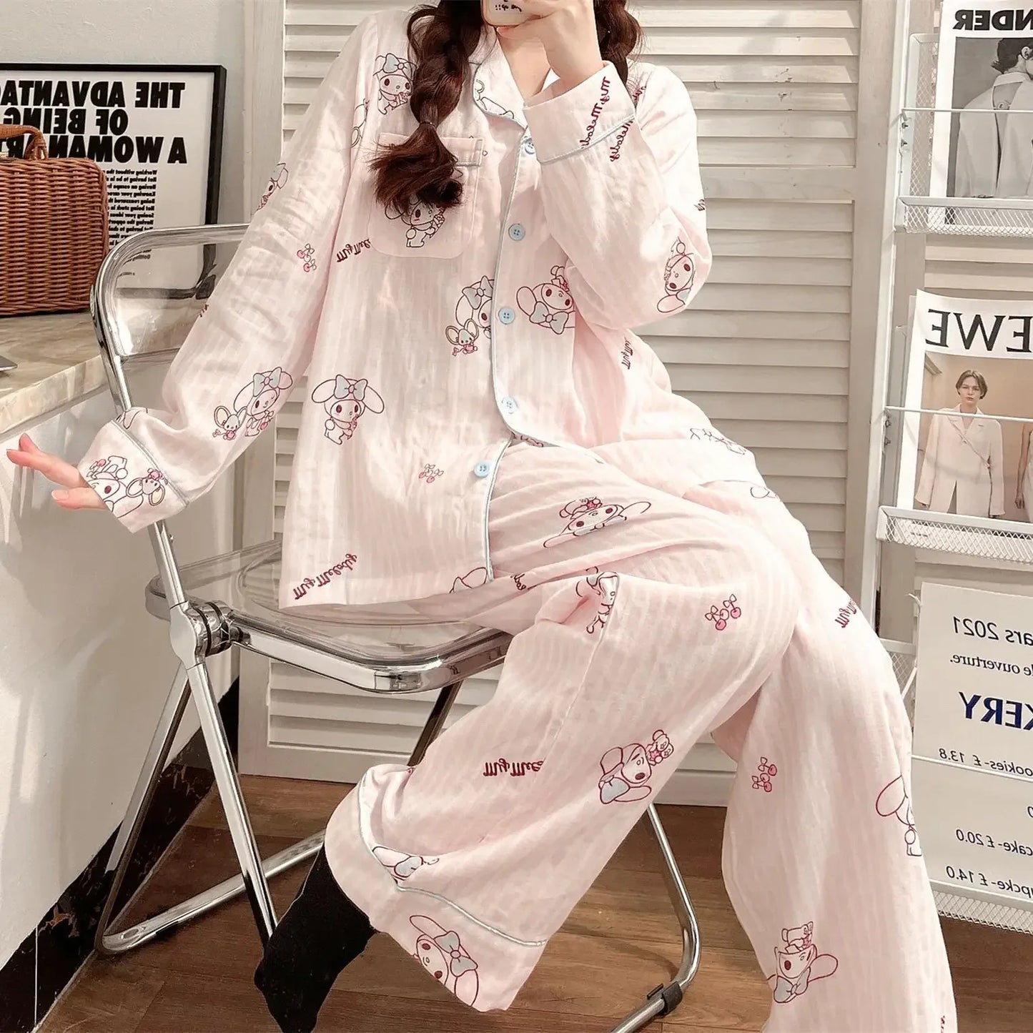 Sanrio Kuromi Hello Kitty Melody Pajamas for Women Kawaii Cartoon Loose Sleepwear Pajamas Sets Short Clothes Christmas Gift