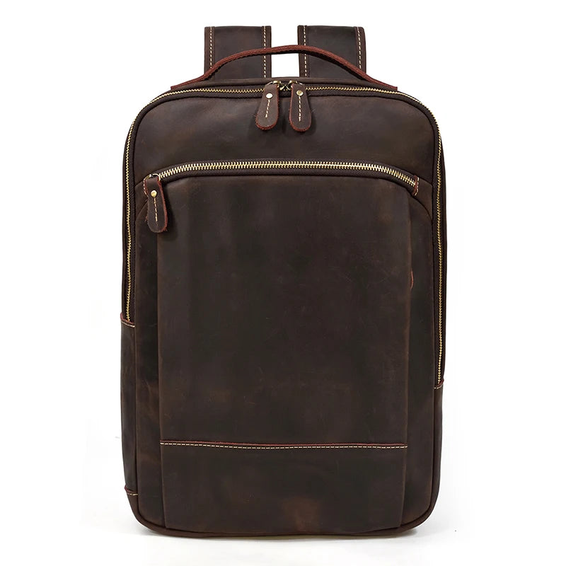 Vintage Travel Backpack leather double zipper bagpack male crazy horse leather backpack handmade leather travel bag men bag