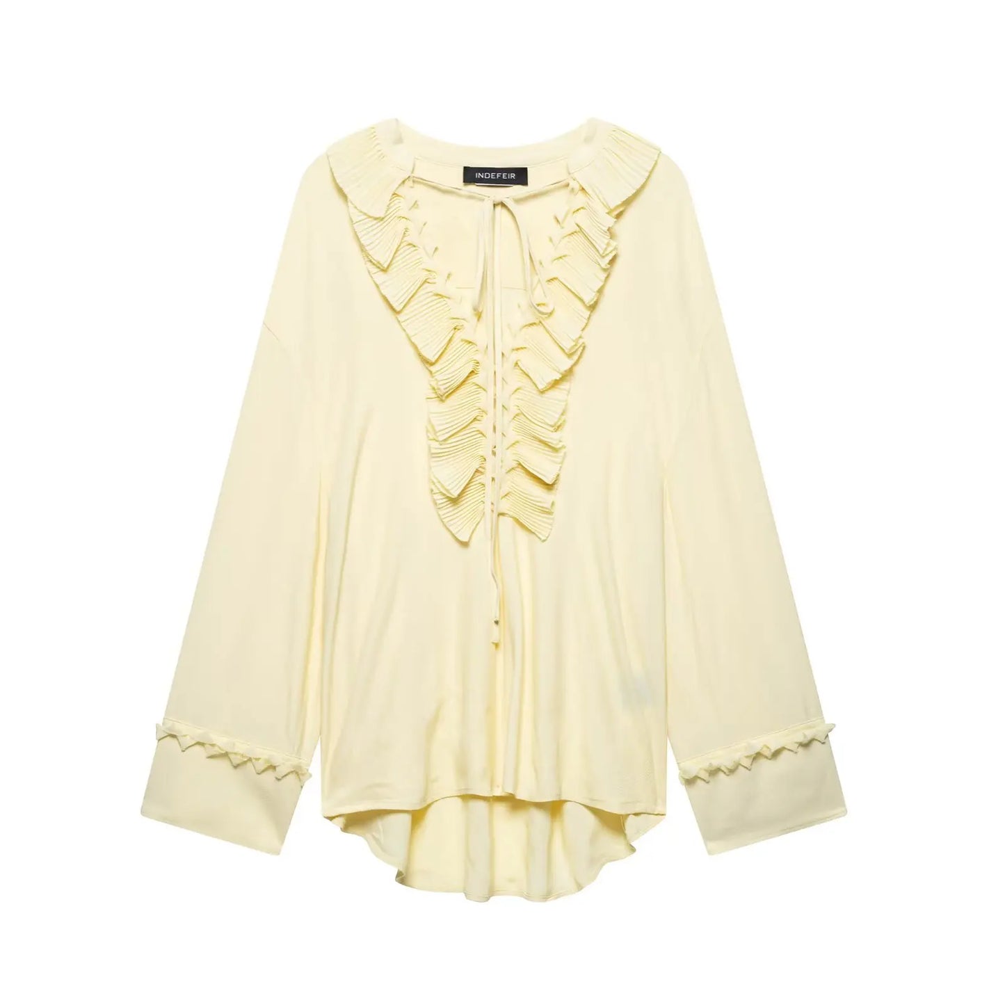TRAFZA Vintage Chic Yellow Tie Up Women Blouse V-Neck Ruffles Long Sleeve Lace-up Bow Shirts Fashion 2025 Spring Summer Blouses