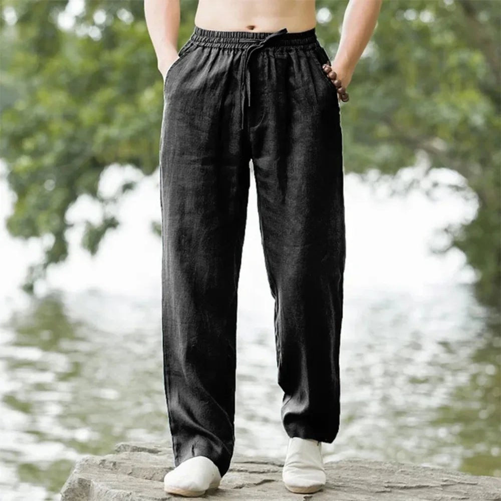 New Men's Cotton Linen Pants Male Autumn New Breathable Solid Color Linen Trousers Fitness Streetwear Men Gyms Pants Size S-4XL