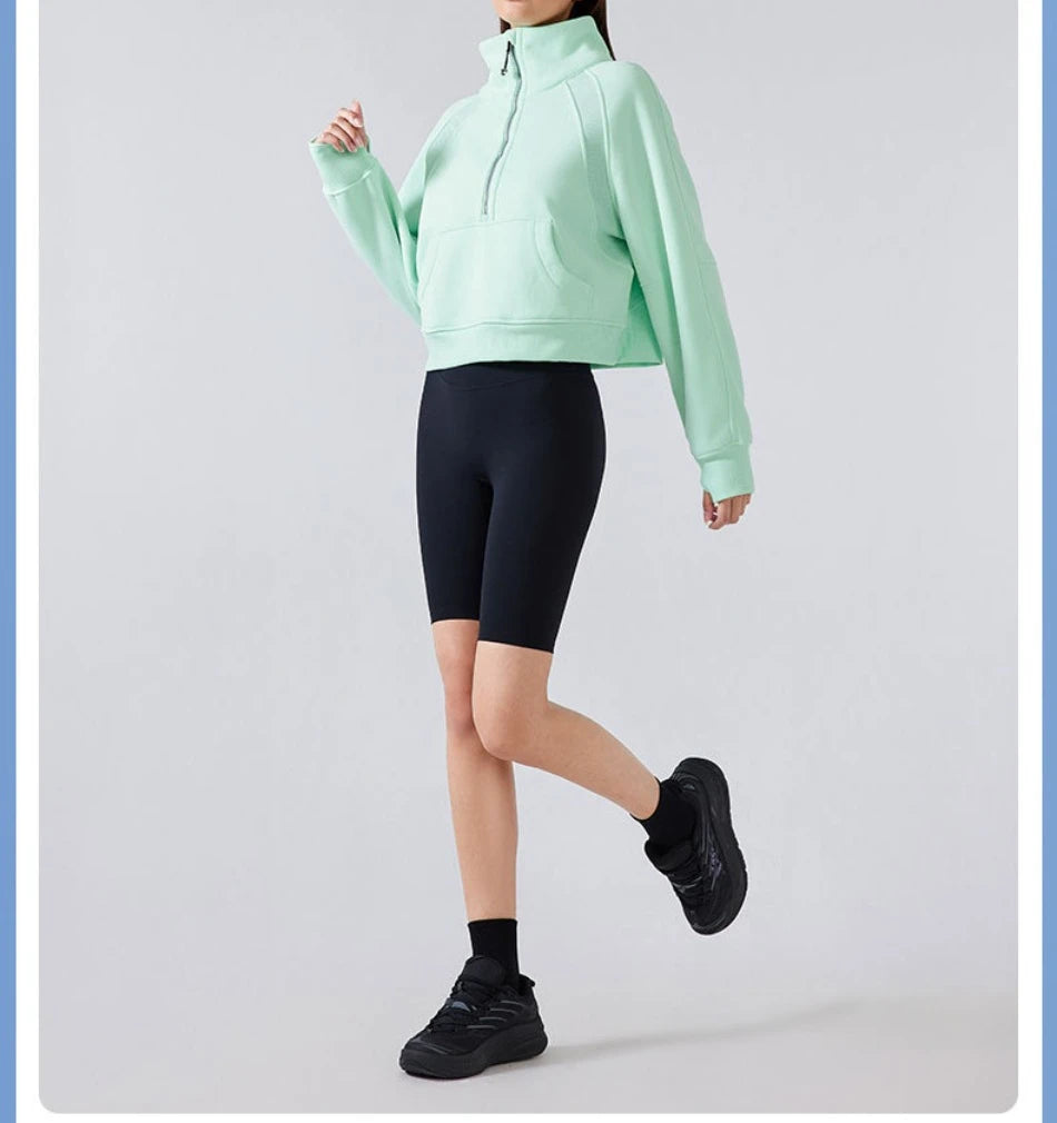 Half Zipper High Stand-up Neck Pullover Top Women Clothing Autumn and Winter New Outer Wear Warm Fleece Thickened Sweatshirts