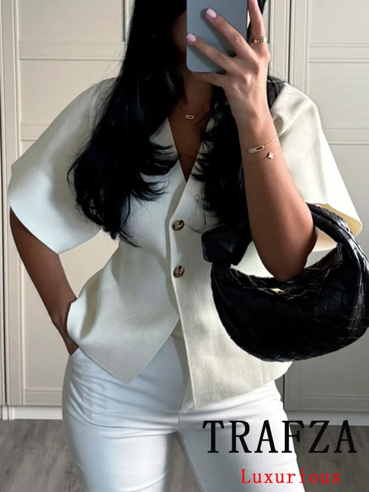 TRAFZA Vintage Casual Chic Knitted Sweaters Women Gold Buttons V-Neck Short Sleeve Cardigans Fashion 2024 Autumn Winter Tops