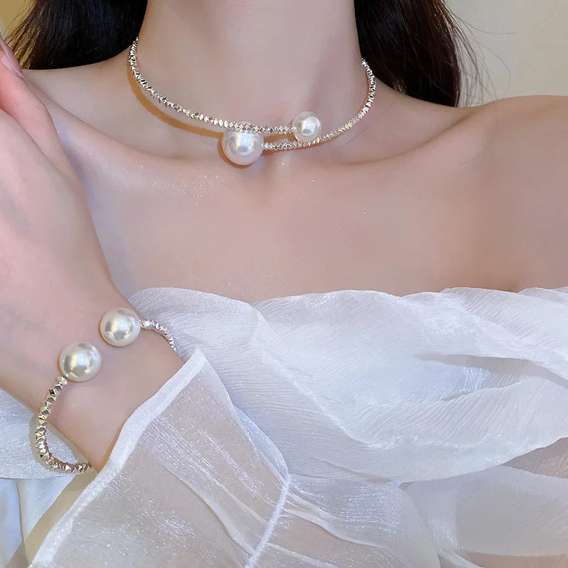 Zircon Double Layered Water Drop Heart Silver Scrap Imitation Pearl Cross Wave Open Collarbone Fine Pendant Necklaces for Women