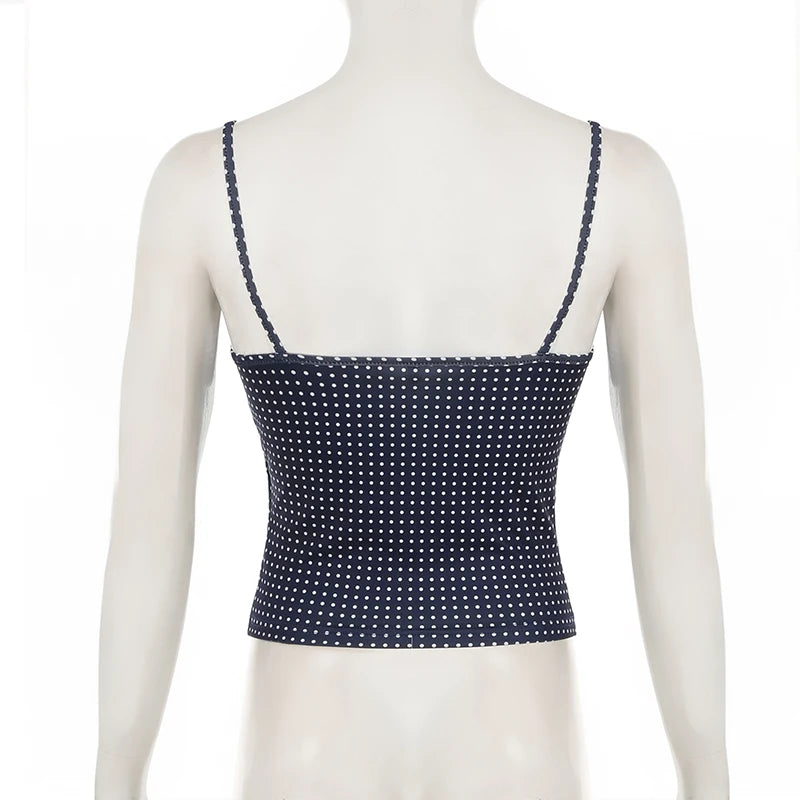 Darlingaga Fashion Polk Dot Printed Mini Camisole Women's Lace Patchwork Spaghetti Strap Summer Beach Cropped Tops Backless Y2K