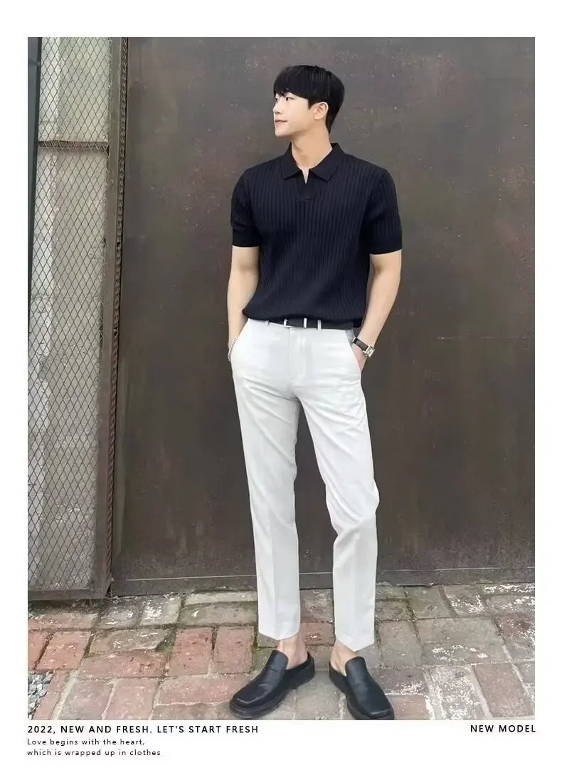 Summer New Light Maturity Knitted Polo Shirt Men's Korean Style Slim Fit Collar Pure Color Casual T-Shirt Cross-Border