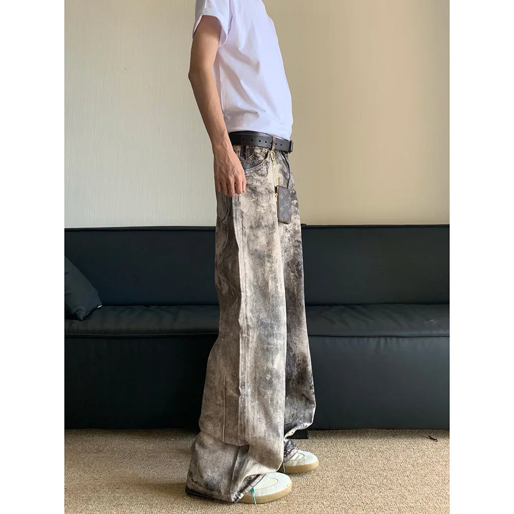 Jeans Men Floor Length Pant Denim Pants Camouflage Print Loose Casual Straight Trousers Pocket Splice Autumn Winter 2024
