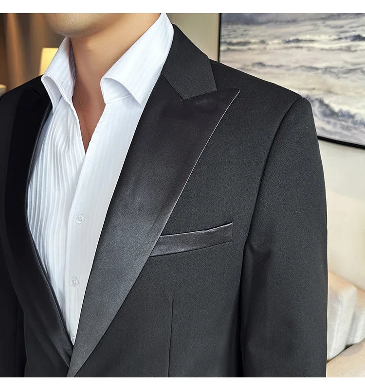 ( Jacket + Vest + Pants ) High-end Brand Boutique Fashion Men's Casual Business Black Smoking Suit Groom Wedding Dress Tuxedo