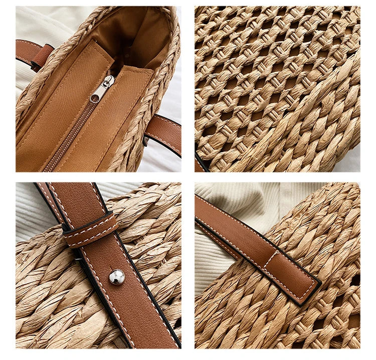 Summer Handwoven Straw Beach Women Tote Bags 2025 Vintage Hollow Out Basket Rattan Handbag Vacation Shoulder Bag New Beach Bag