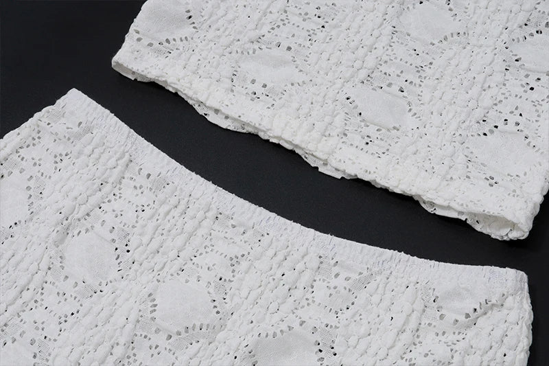 WhereMery Temperament Y2K Casual Streetwear Suits Summer Slim Sleeveless Lace Hollow Top and White Beach Skirt Women 2 Piece Set