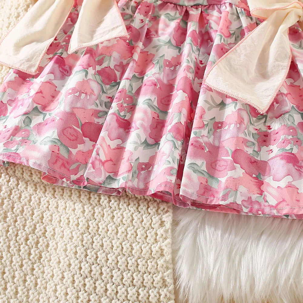 Children's clothing, baby girl dress summer girl full body print two large bows and flying sleeve princess dress