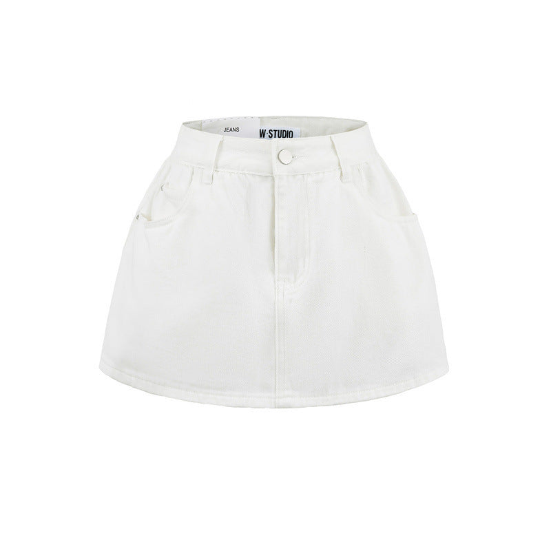 Retro Mid-low Waist Anti-exposure Denim A- Line Bubble Short Skirt